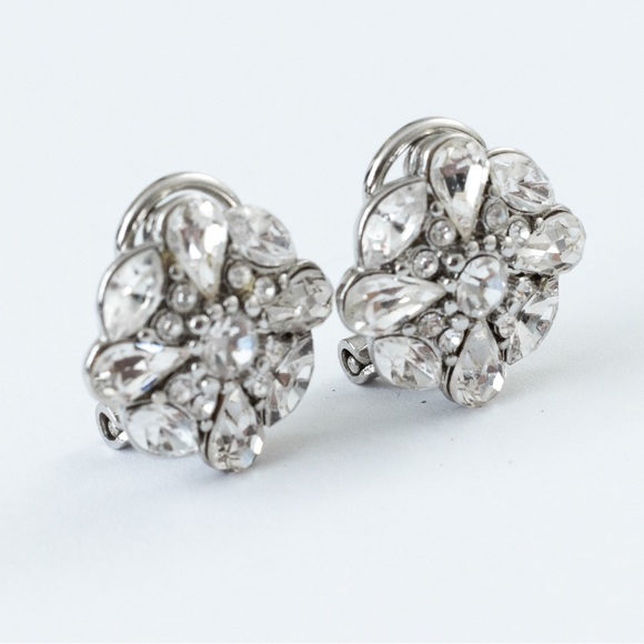 Unique dressy sparkly clear stone cluster clip on earrings with silver - Picture 2 of 15